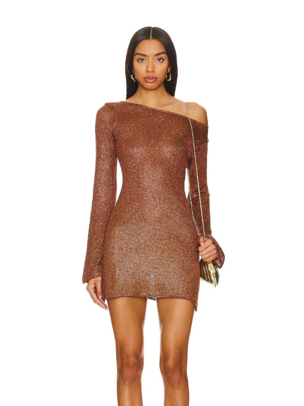 NEW ASTA RESORT Maya One Sleeve Mini Dress Chocolate Brown Sequin Sheer Knit